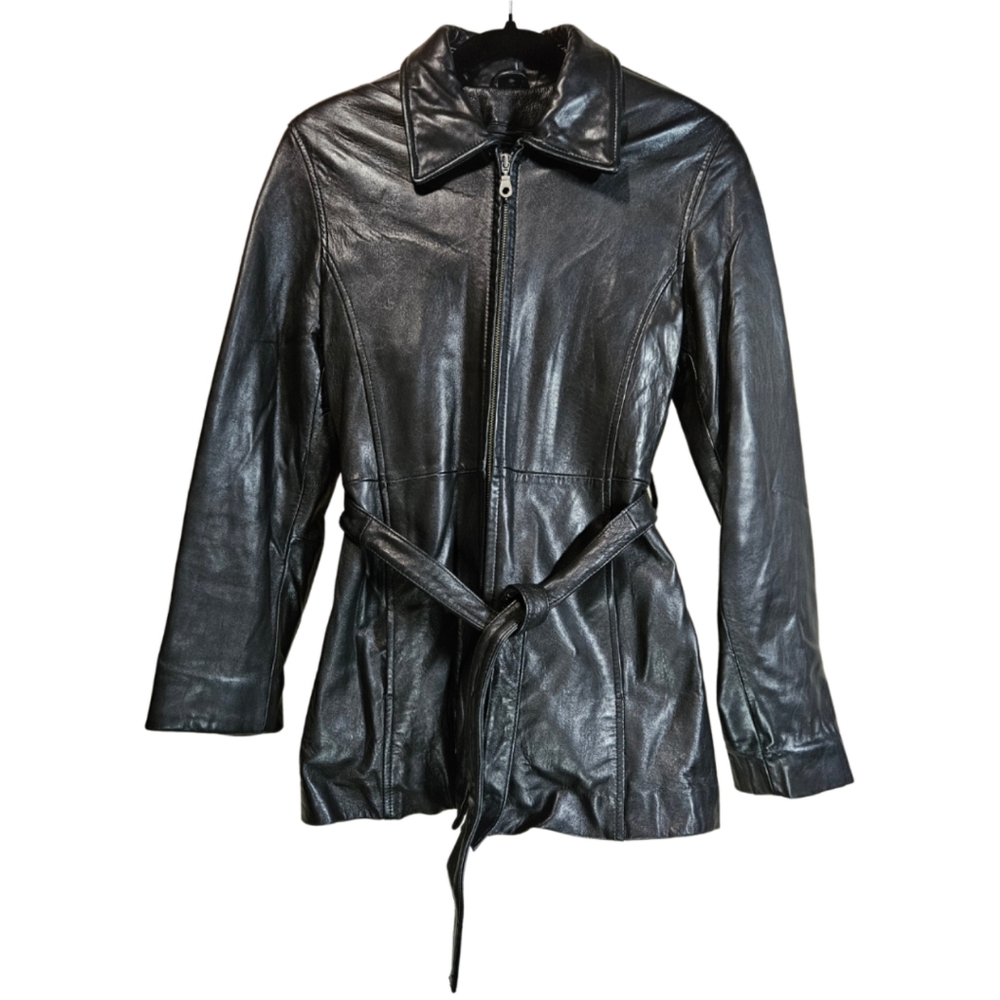 Sara NY Women's SIZE S Genuine Leather Jacket With Belt & Removable Liner Black